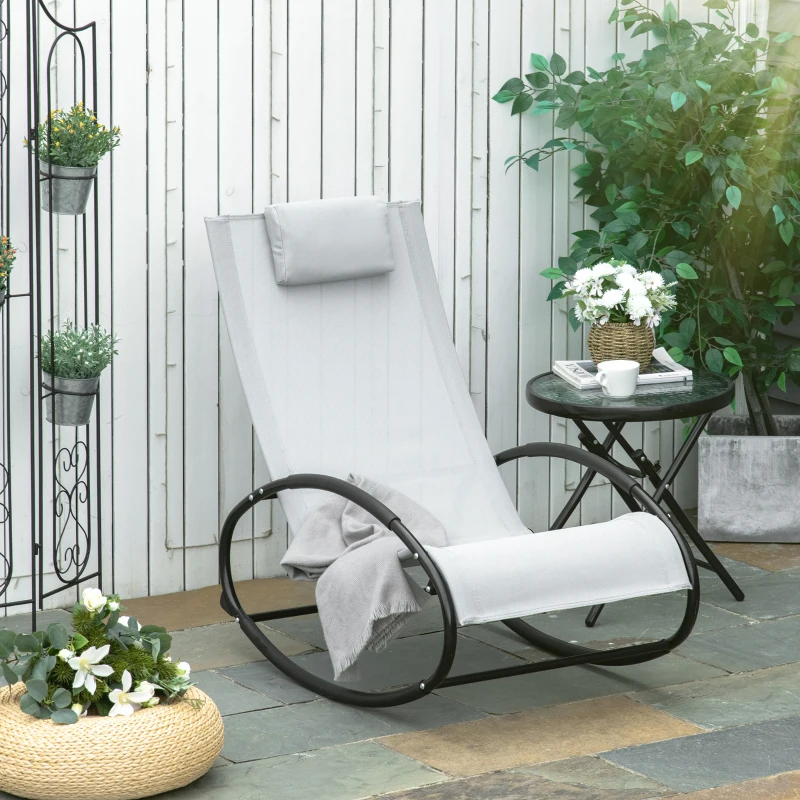Outsunny Outdoor Rocking Chair Sun Lounger Recliner Rocker with Texteline Fabric Patio Garden Relaxer with Pillow Grey