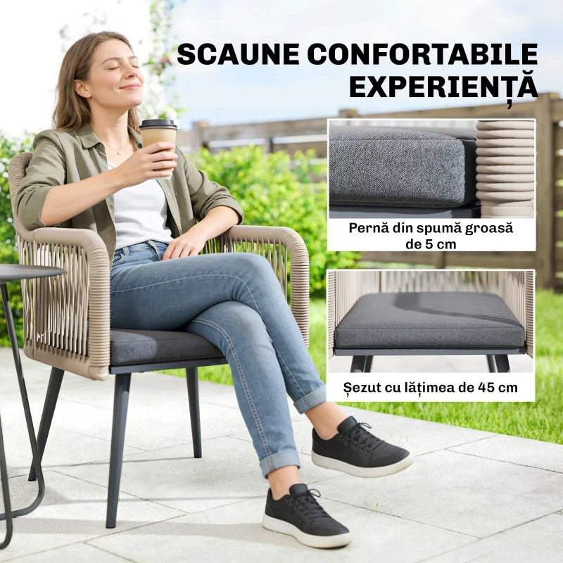 Outsunny Set 2 Scaune de Grădină din Ratan PE cu Perne Moi Lavabile și Brațe, Scaune pentru Dining Exterior din Oțel, pentru Terasă, Balcon, Grădină, Exterior, 54x65x80cm, Gri Închis