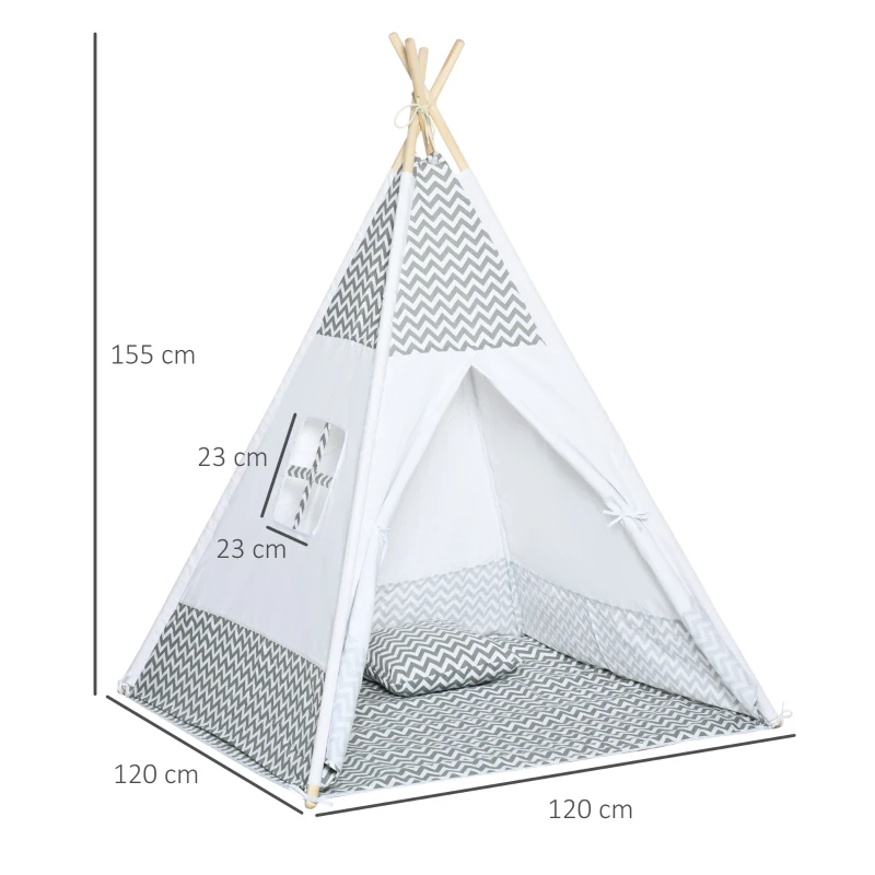 HOMCOM Tente Teepee Indien Tente de jeu pour Enfant Style Graphique - dim. 1,2L x 1,2I x 1,55H m - Porte refermable Fenêtre Tapis Coussin Sac Transport Inclus - à l'Intérieur à l'Extérieur Gris Blanc