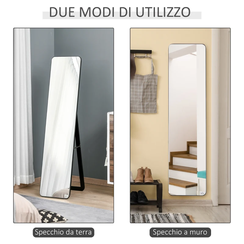 HOMCOM Specchio da Terra e da Parete con Struttura in Legno e Supporto Pieghevole, 37x43x156cm, Nero