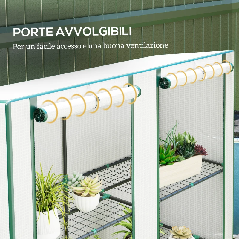Outsunny Serra da Giardino con 2 Porte Avvolgibili, Scaffale a 3 Ripiani e Tasche Laterali, Bianco e Verde
