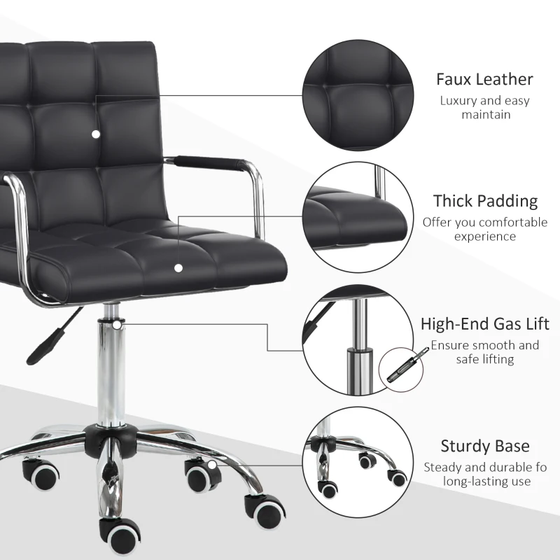 HOMCOM PU Leather Home Office Chair, Makeup Vanity Desk Chair with Mid Back, Armrest, Swivel Wheels, Adjustable Height, Black