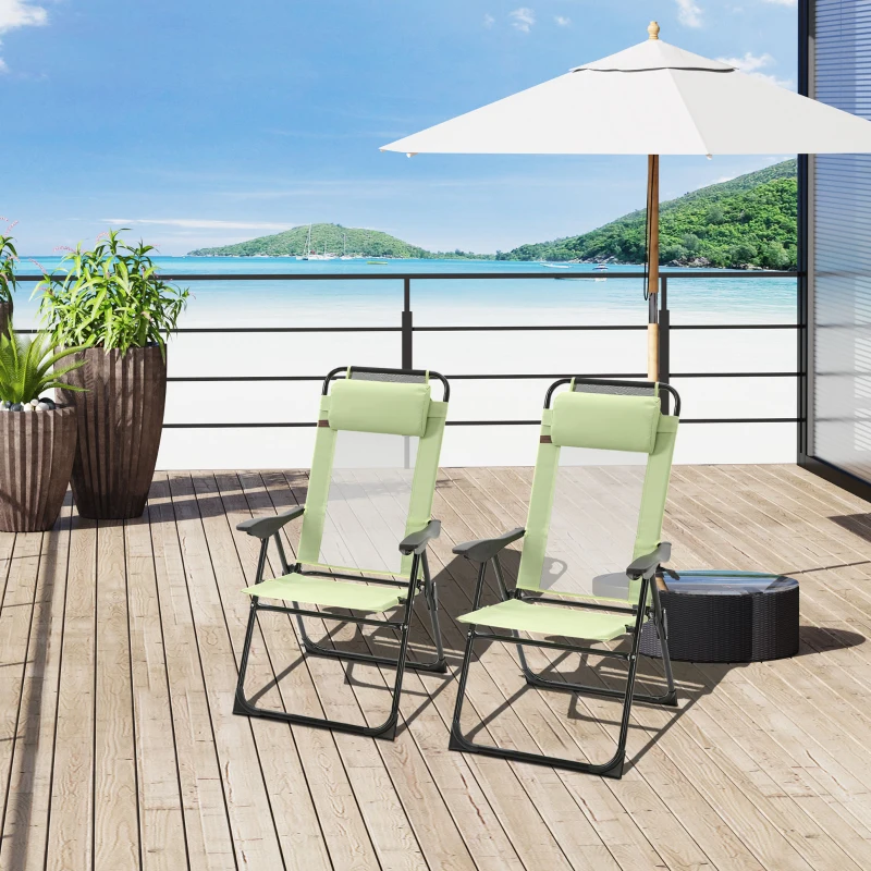 Outsunny Folding Garden Chairs Set of 2, 5-Position Recliner Camping Chair with High Back, All Weather Texteline Seat, Portable Outdoor Dining Chairs with Headrests for Patio, Picnic, Green