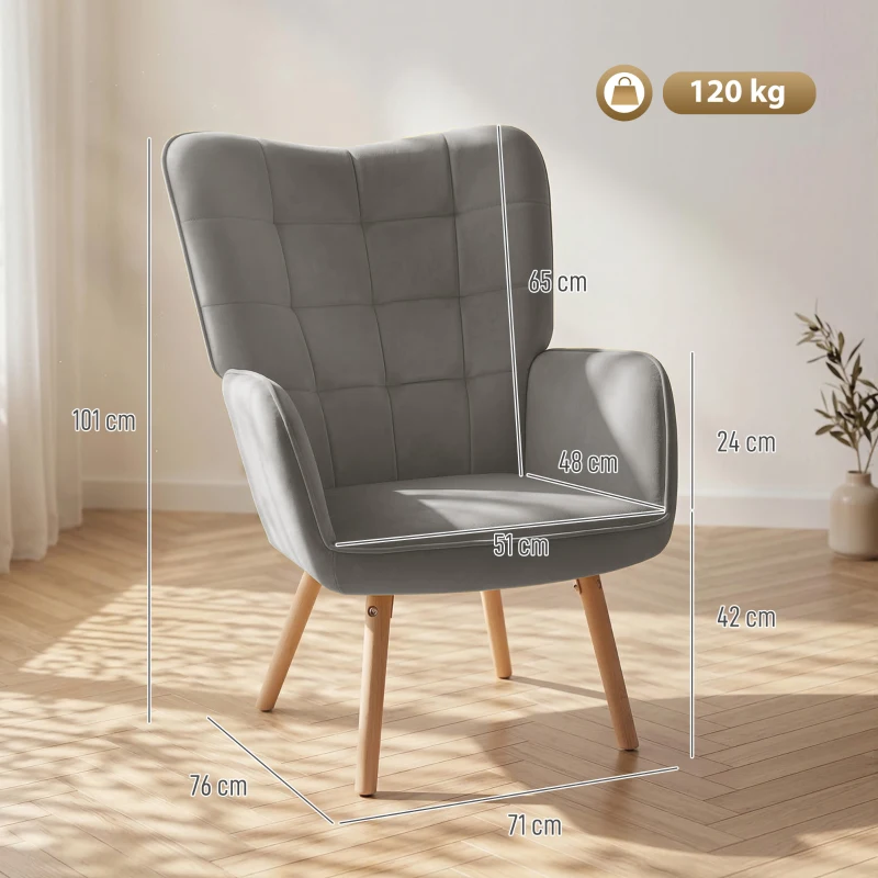 HOMCOM Modern Accent Chair, Upholstered High Back Armchair with Tufted Wingback, Seat Padding, Velvet Leisure Lounge Bedroom Chair with Wood Legs, Grey