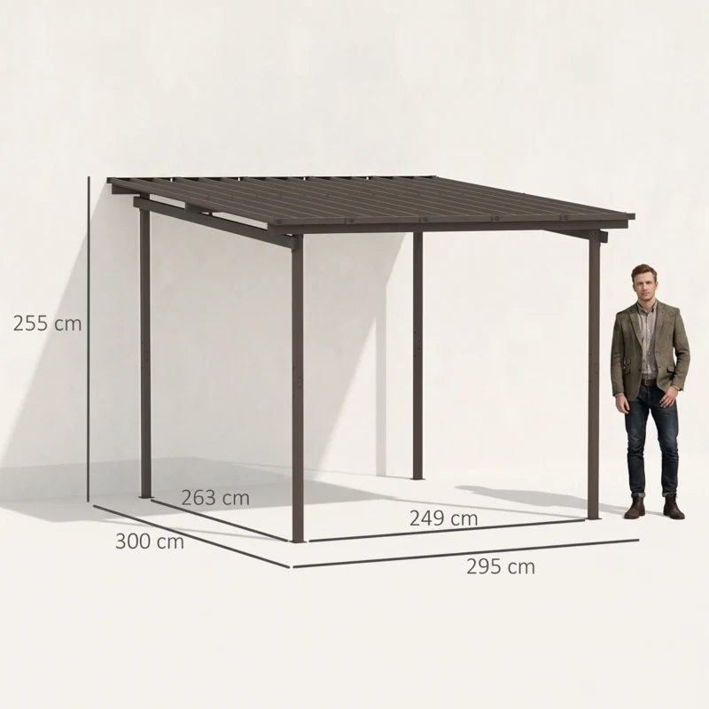 Outsunny 3 x 3(m) Garden Pergola with Waterproof Metal Roof, Lean to Pergola Hardtop Gazebo, Wind-resistant Outdoor Sun Shade, Easy to Assemble