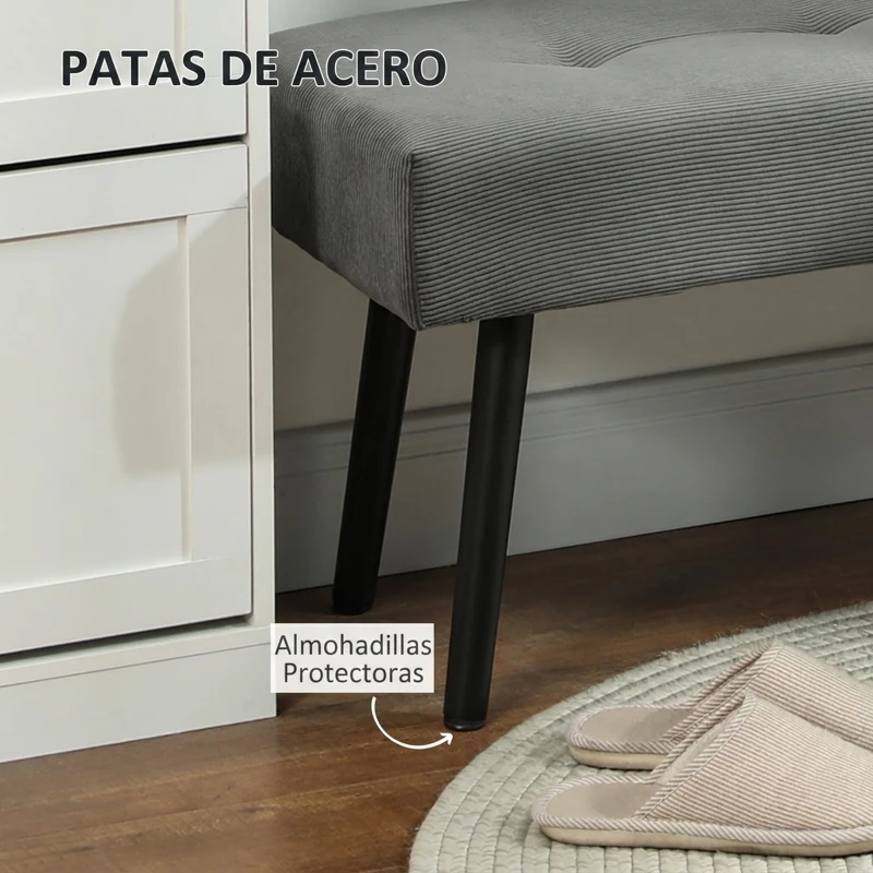 HOMCOM Banco Pie de Cama Tapizado en Pana con Asiento Acolchado Diseño Capitoné y Patas de Acero para Dormitorio Gris