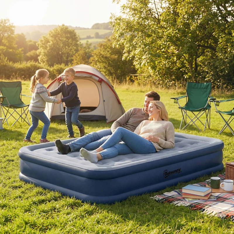 Outsunny Inflatable Mattress, Double Air Bed with Built-in Electric Pump, 3 Mins Inflation, Flocked Surface, Grey