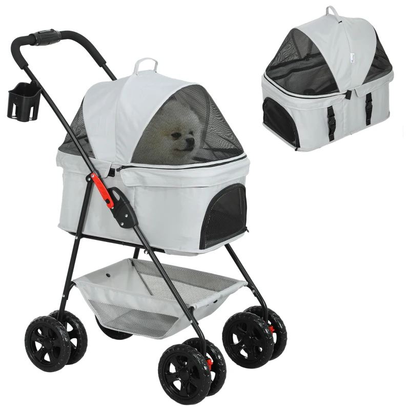 PawHut 3-in-1-Haustierkinderwagen, zusammenklappbarer Hundewagen mit 4 Rädern und abnehmbarer Trage für Hunde und Katzen, Grau