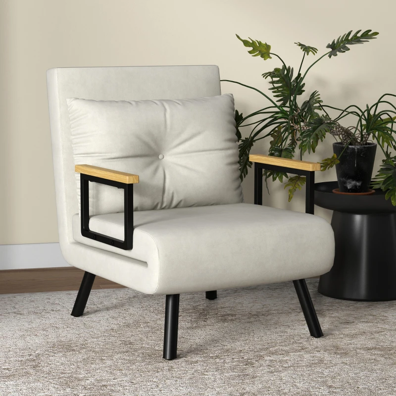 HOMCOM Fauteuil convertible 4 en 1 lit 1 place dossier 5 positions, accoudoirs en bois et coussin, tissu effet velours, crème