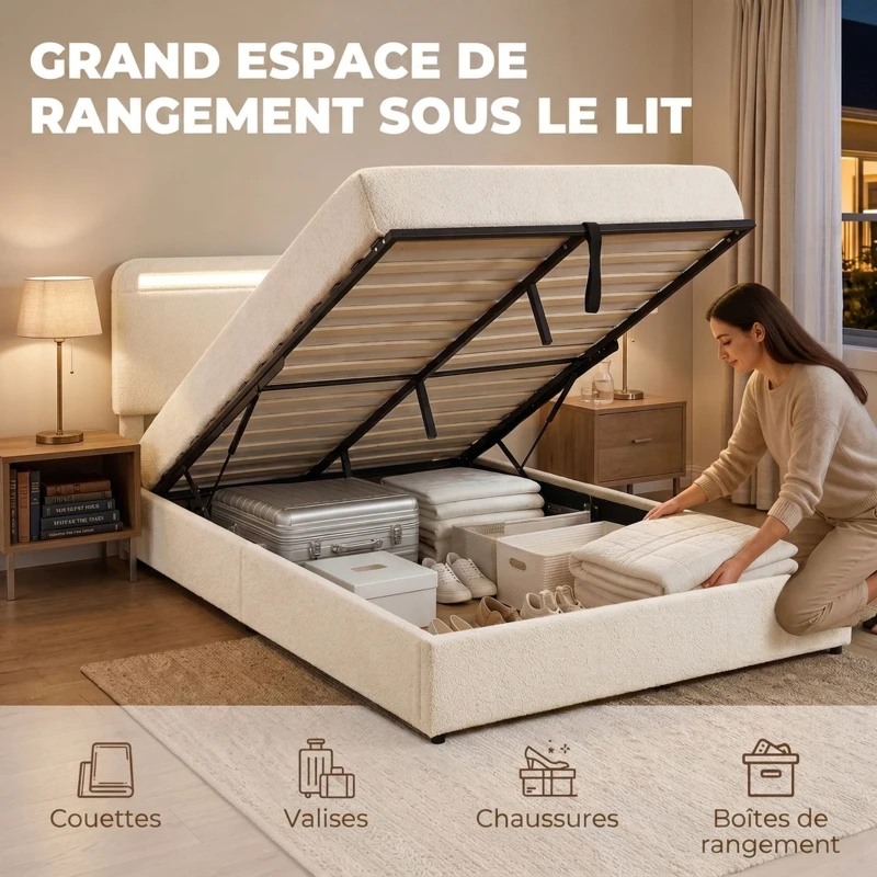 HOMCOM Lit Coffre 140 x 190 cm, LED RGB, Tête Réglable, Cadre de Lit Double Rembourré Velours, Rangement Hydraulique, Crème