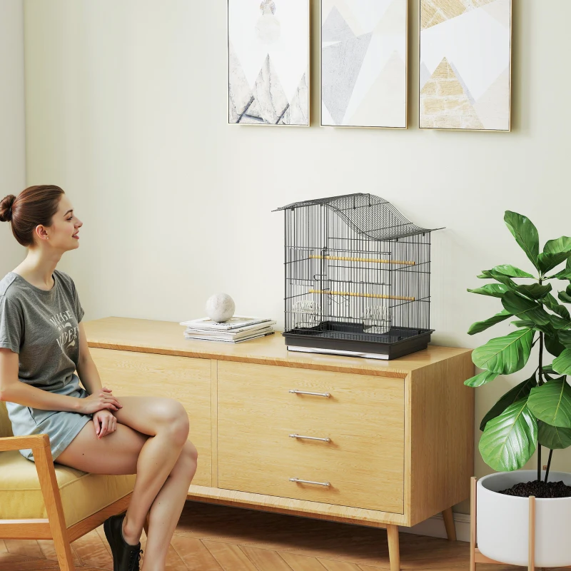 PawHut Cușcă pentru Păsări cu 4 Accesuri, 2 Boluri, 2 Stinghii și Tavă Detașabilă, Volieră din Metal și Plastic, 47,5x36x54,5 cm, Negru