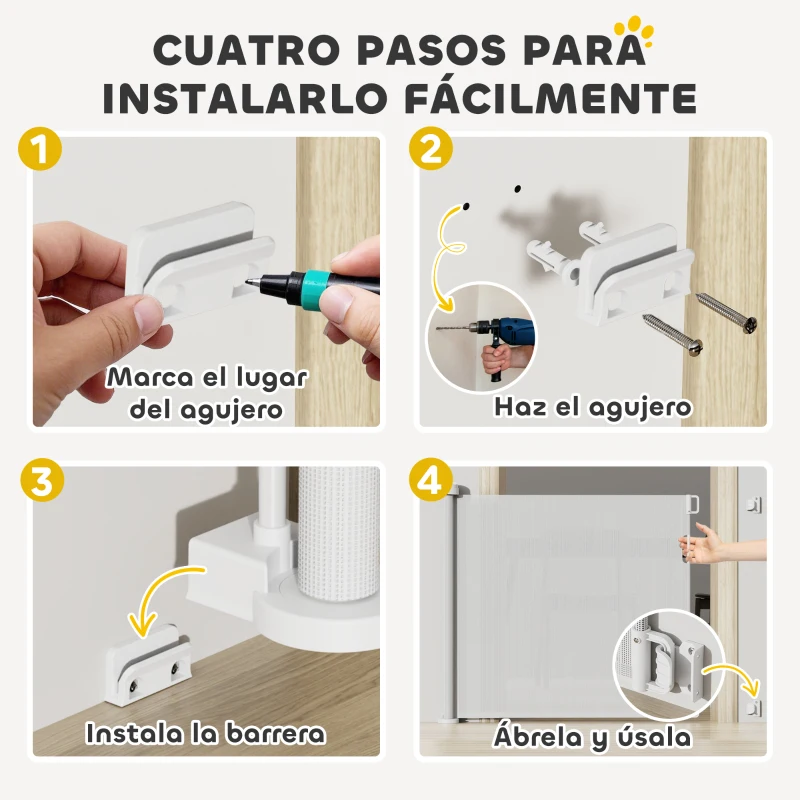 PawHut Barrera de Seguridad para Perros Retráctil con Interruptor de Cierre para Puertas Escaleras Pasillos 142x10x87 cm Blanco