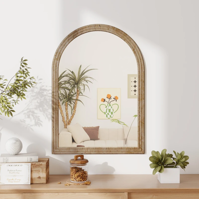 HOMCOM Modern Wall-Mounted Mirror, Arched Wall Mirror with Grooved Edge for Living Room, Entryway, Hallway, Brown
