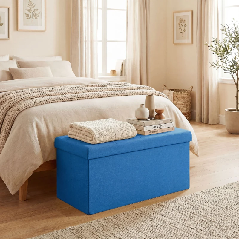 HOMCOM Puff Almacenaje, Banco Almacenaje Plegable 84 L 76x38x38 cm Tapizado en Lino Sintético Azul Claro