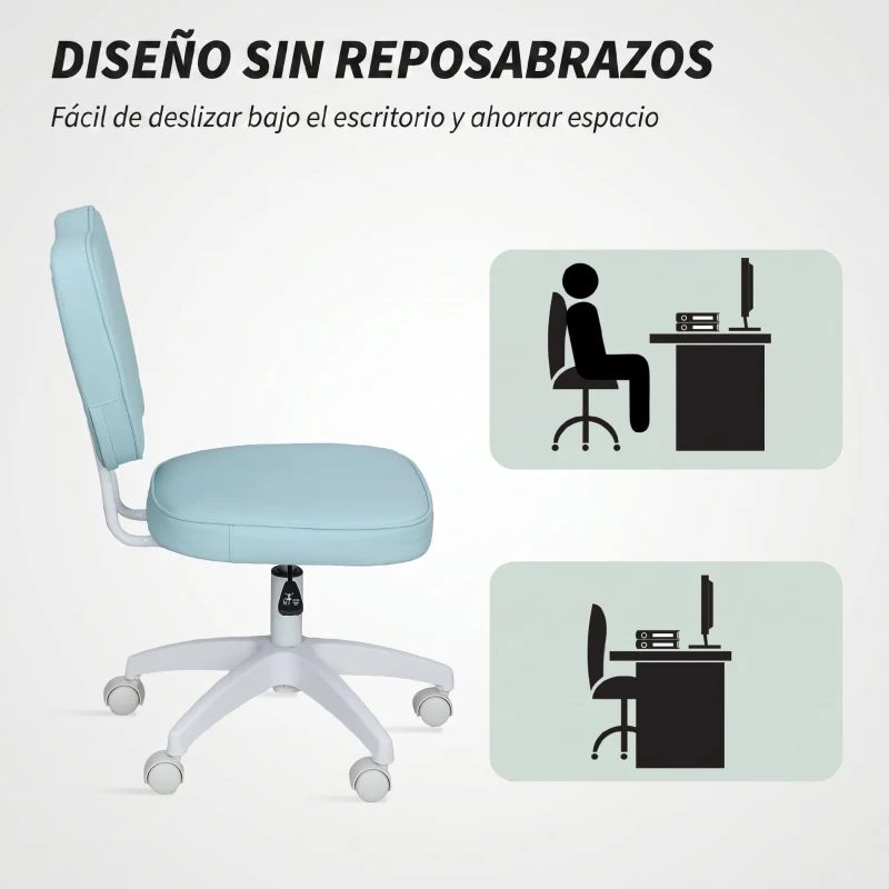 Vinsetto Silla de Oficina Giratoria Tapizada en PU con Altura Ajustable Sin Brazos Carga 120 kg 46x59x82-92 cm Azul Claro