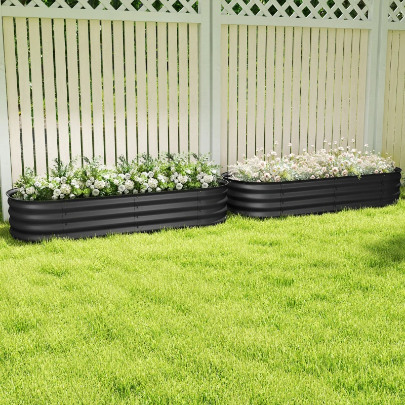 Outsunny Galvanised Raised Garden Bed, Metal Planter Box with Safety Edging, for Flowers, Herbs, Succulents, Pack of 2, Dark Grey