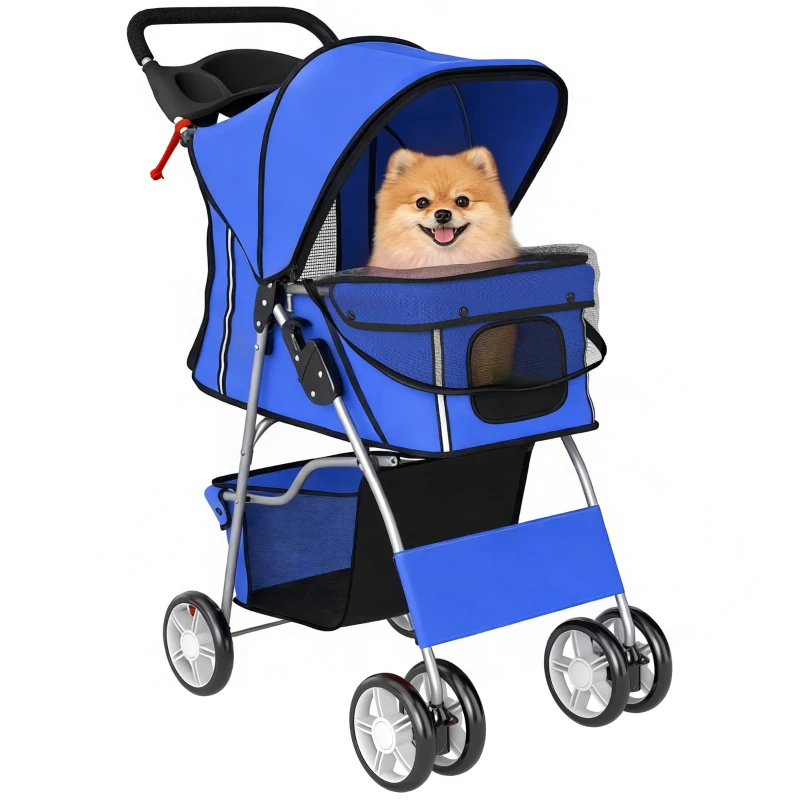 PawHut Poussette buggy pliable animaux chariot pliante chien chat porte-gobelet panier de rangement 75 x 45 x 97 cm bleu