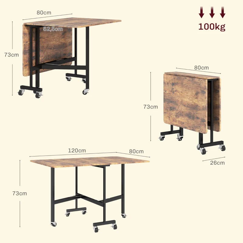 HOMCOM Table pliante cuisine table à manger pliable avec 2 abattants 6 roues pour 4-6 personnes 120 x 80 x 73 cm, brun rustique