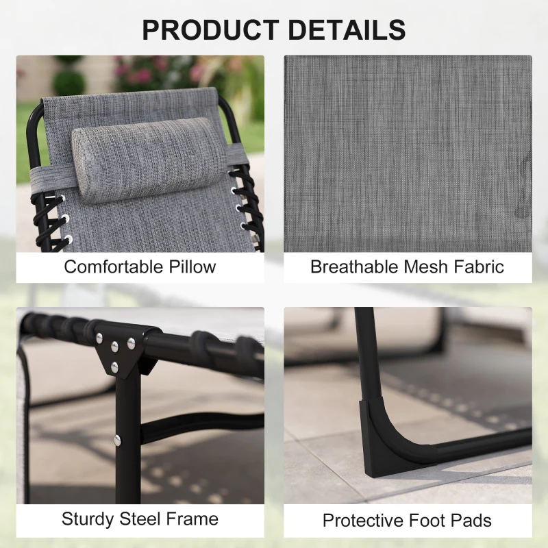 Outsunny Portable Sun Lounger, Folding Camping Bed Cot, Reclining Lounge Chair 5-position Adjustable Backrest with Side Pocket, Pillow for Patio Garden Beach Pool, Mixed Grey