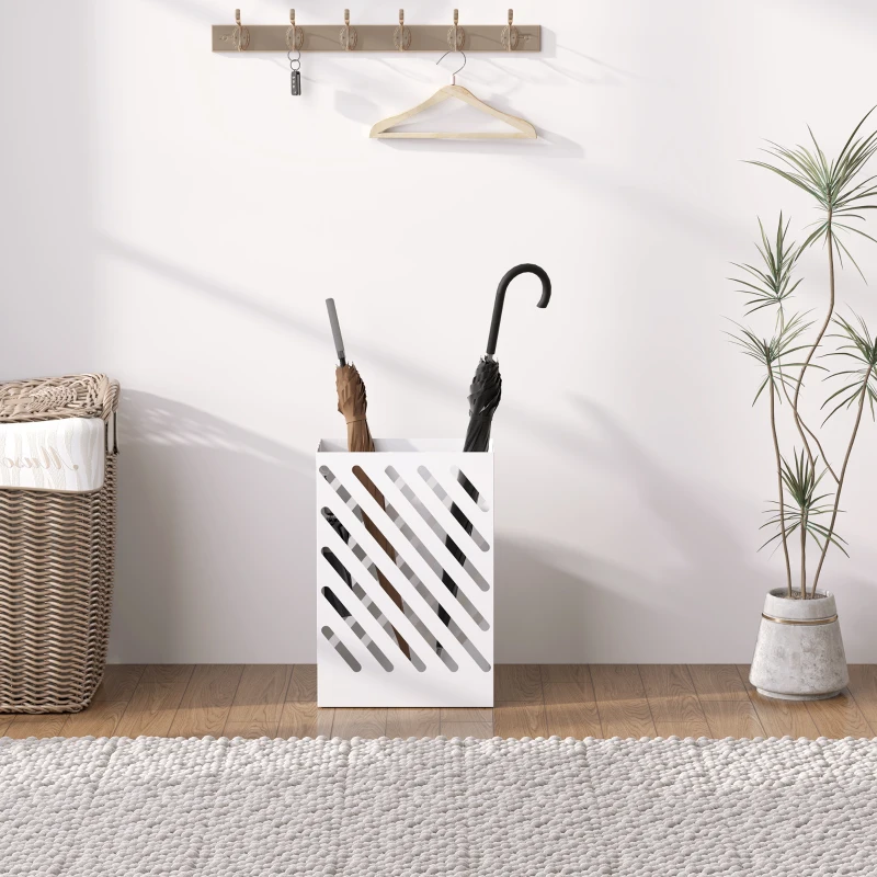 HOMCOM Portaombrelli di Design con Vaschetta Raccogli Gocce e 4 Ganci in Metallo, 28x14x41 cm, Bianco