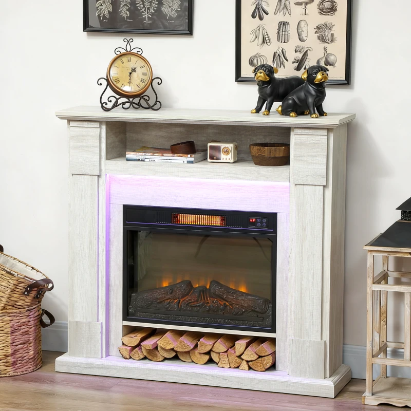 HOMCOM Camino Elettrico 1800W Regolabile con Fiamma 3D, Ripiano, Timer e Telecomando, 105x27x97 cm, color Legno