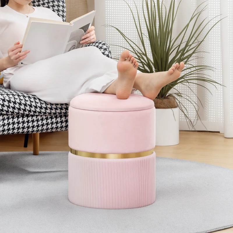 HOMCOM Velvet-Feel Storage Ottoman - Pink