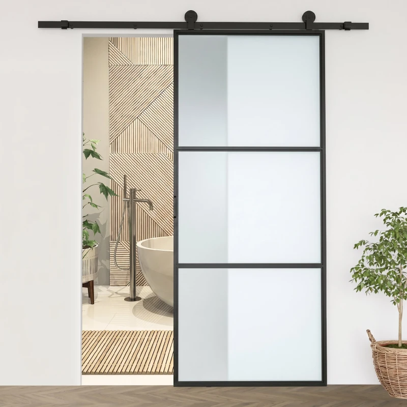 HOMCOM Kit pentru ușă glisantă din oțel carbon cu șine, opritoare și ghidaje, 200x40x0.6 cm, Negru