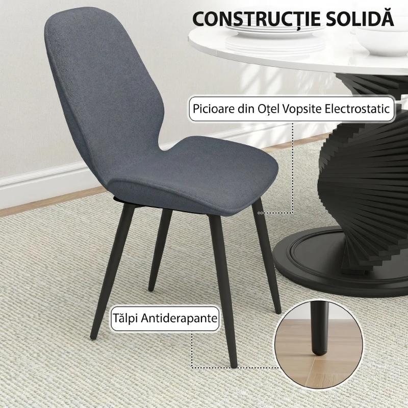 HOMCOM Set 2 Scaune de Luat Masa cu Spătar Curbat, în Material Textil de Tip In, Spumă și Oțel, 46x56x86 cm, Gri și Negru