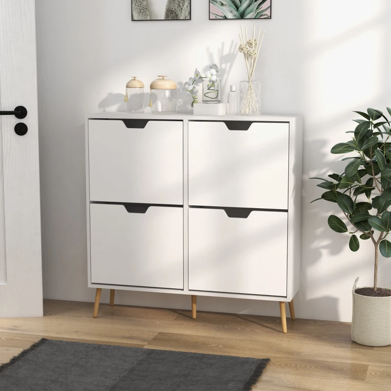 HOMCOM Zapatero Estrecho con 4 Cajones Abatibles y Patas de Madera Mueble Zapatero para 16 Pares 95x26x95 cm Blanco