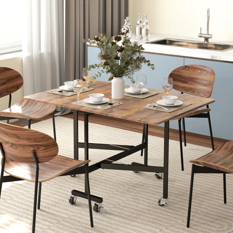 HOMCOM Table pliante cuisine table à manger pliable avec 2 abattants 6 roues pour 4-6 personnes 120 x 80 x 73 cm, brun rustique