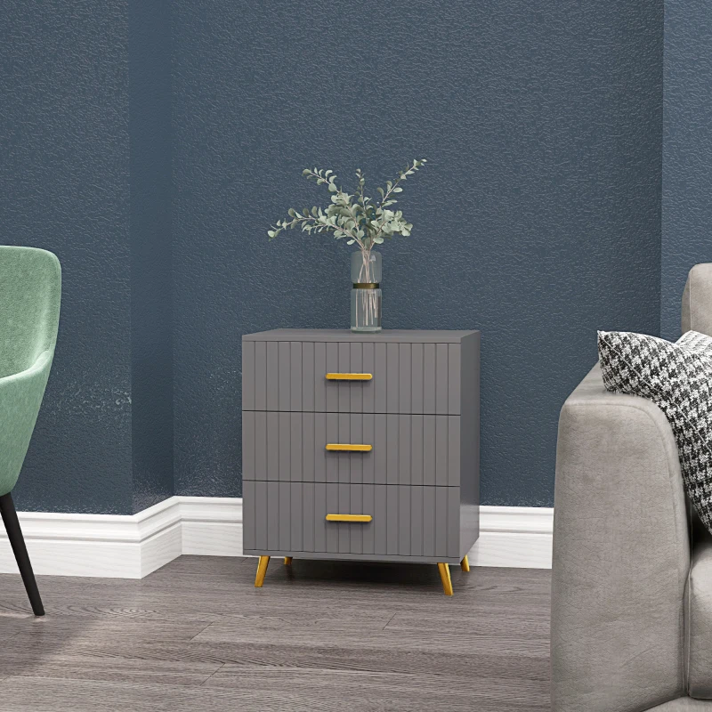 HOMCOM Three Drawer Embossed Line Dresser - Grey/Gold Tone