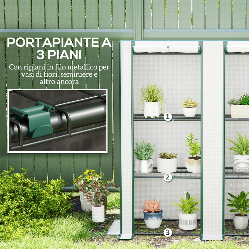 Outsunny Serra da Giardino con 2 Porte Avvolgibili, Scaffale a 3 Ripiani e Tasche Laterali, Bianco e Verde