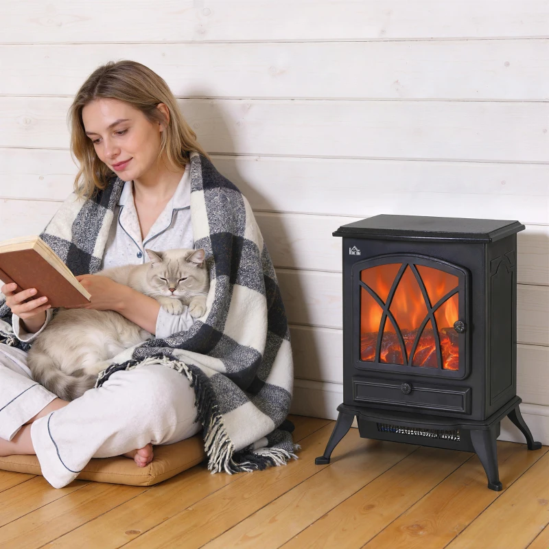 HOMCOM Camino Elettrico con Effetto Fiamma Stile Retrò, Termostato 1000-2000W e Luce Regolabile, Nero