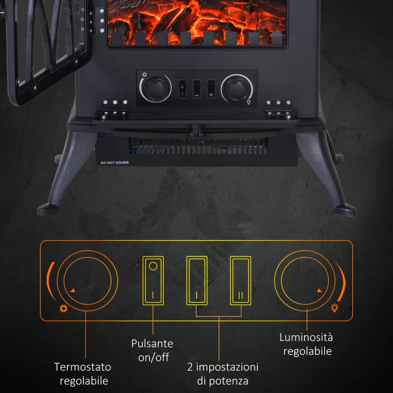 HOMCOM Camino Elettrico con Effetto Fiamma Stile Retrò, Termostato 1000-2000W e Luce Regolabile, Nero