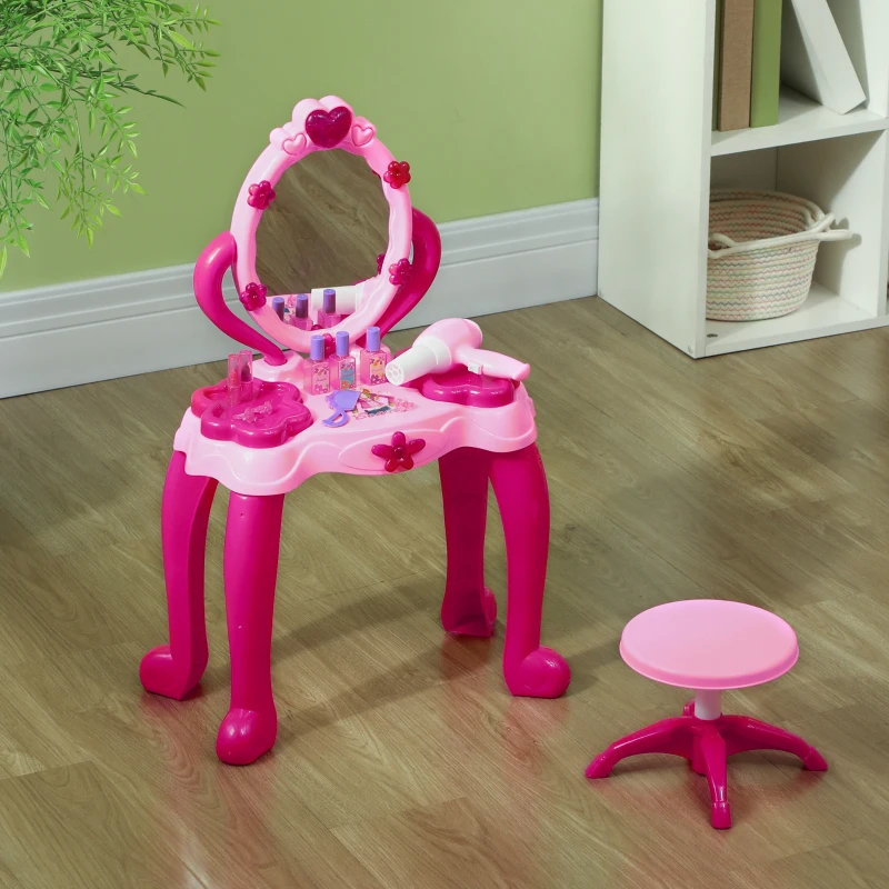 AIYAPLAY Coiffeuse pour enfants de 3 à 6 ans avec tabouret miroir 15 PCS, table de maquillage avec lumière musique sèche-cheveux