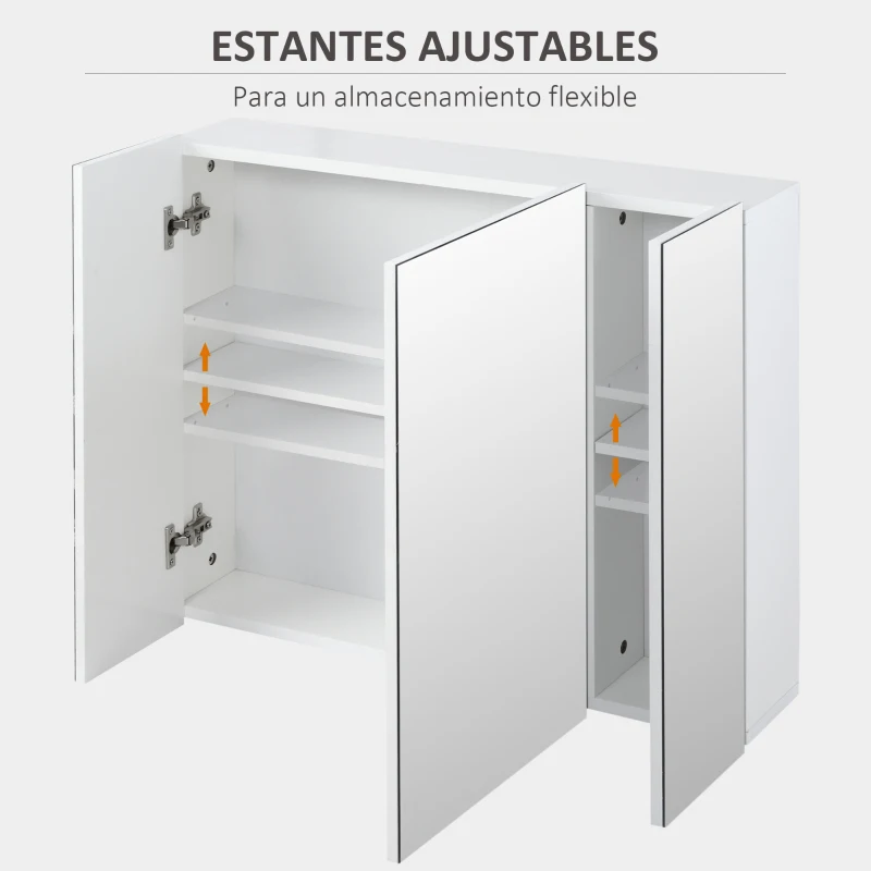 kleankin Mueble de Baño con Espejo Mueble de Pared para Baño con 3 Puertas y Estantes Internos Ajustables 70x15x60cm Blanco