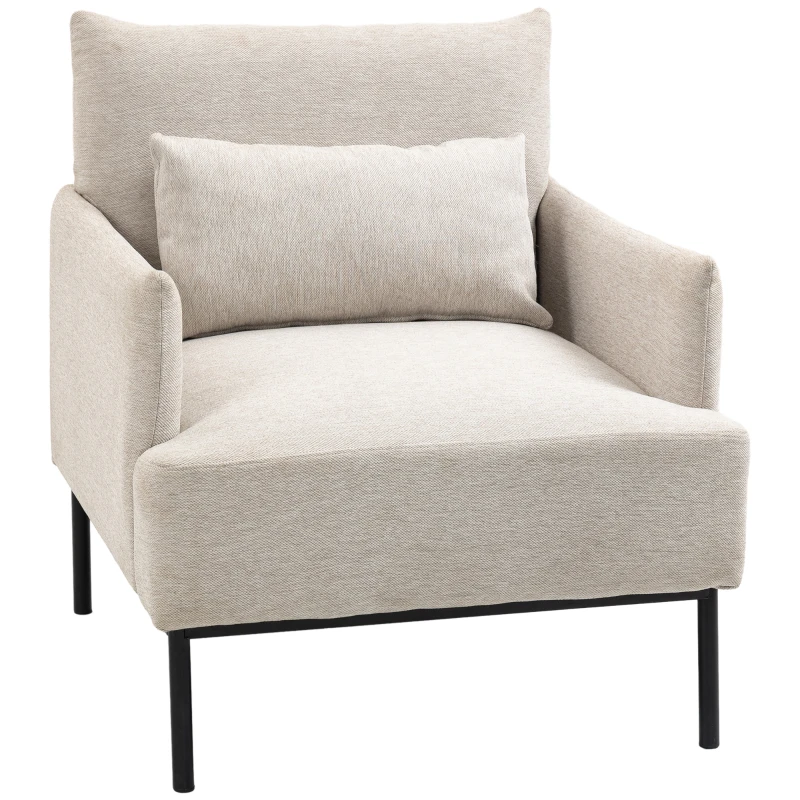 HOMCOM Poltrona Moderna d'Arredo con Cuscino Extra, in Tessuto Effetto Lino e Acciaio, 73x81x82 cm, Bianco Crema