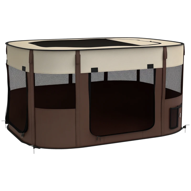 PawHut Foldable Dog Pen with Storage Bag for Indoor/Outdoor Use, Portable Pet playpen, with Ground Stakes - Brown