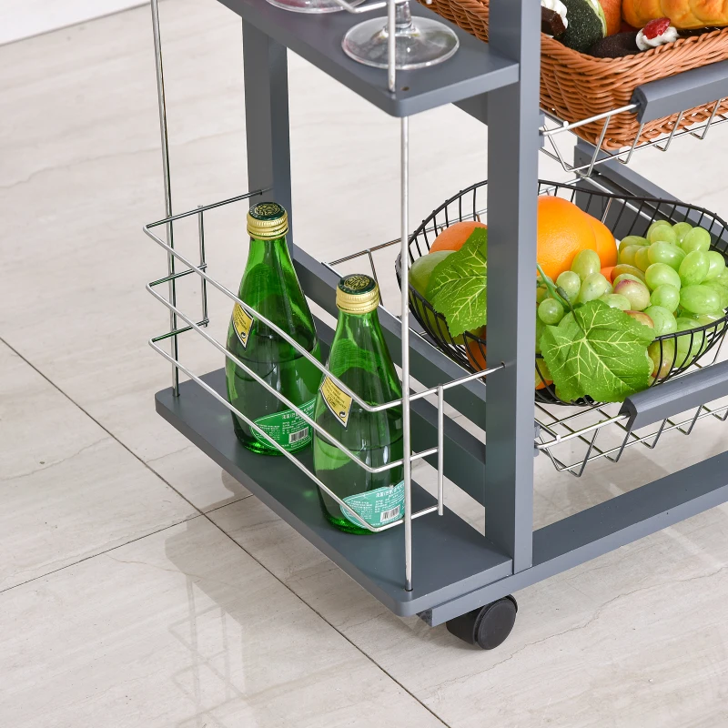 HOMCOM Küchenwagen auf Rädern, Rollwagen mit 2 Regalen, Servierwagen, Bastelwagen mit Arbeitsplatte und Gewürzregal, Rollregal für Küche, Esszimmer, Kiefernholz, Grau, 47 x 37 x 83 cm