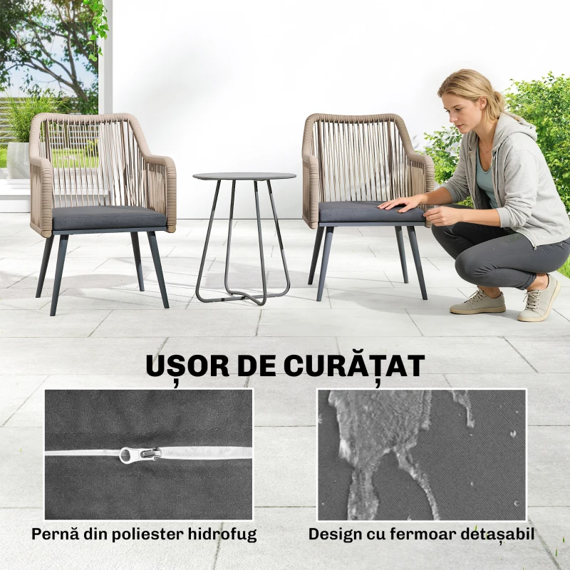Outsunny Set 2 Scaune de Grădină din Ratan PE cu Perne Moi Lavabile și Brațe, Scaune pentru Dining Exterior din Oțel, pentru Terasă, Balcon, Grădină, Exterior, 54x65x80cm, Gri Închis