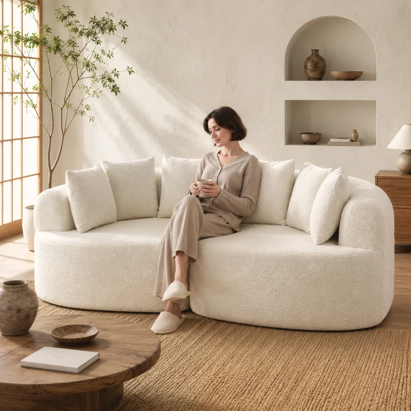 HOMCOM Canapea 3 locuri curbată din chenille 188 cm, canapea pentru living cu șezut adânc, 6 perne, umplutură groasă, crem
