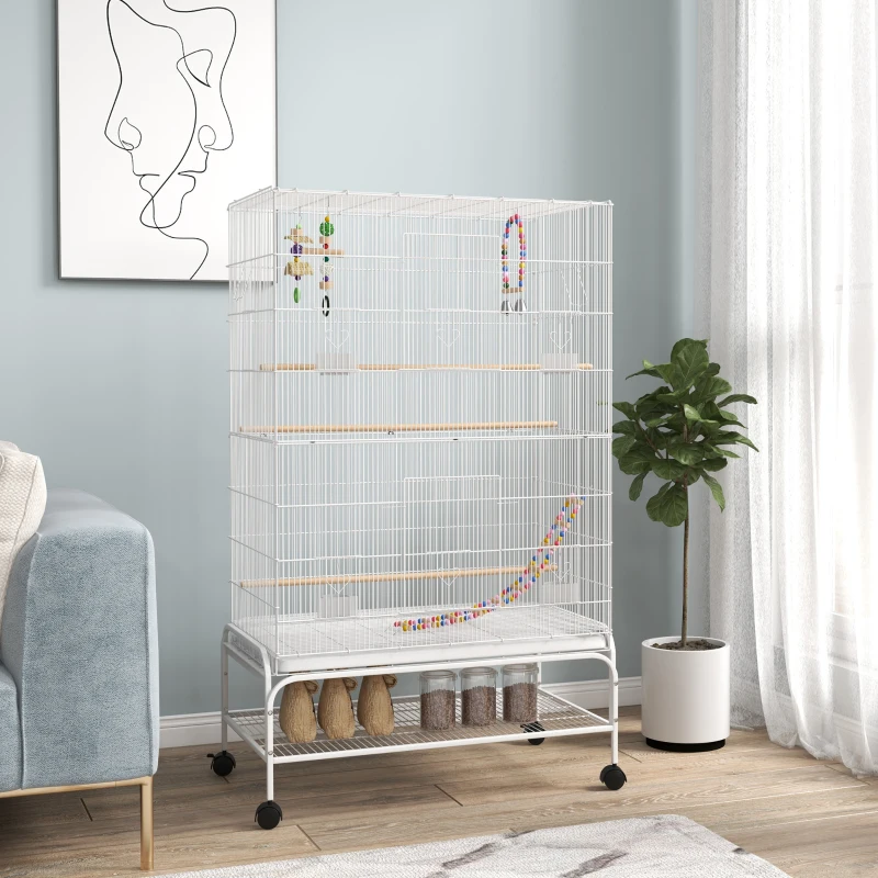 PawHut Cage à oiseaux sur pieds roulettes avec 4 mangeoires et 3 perchoirs 79 x 49 x 133 cm blanc