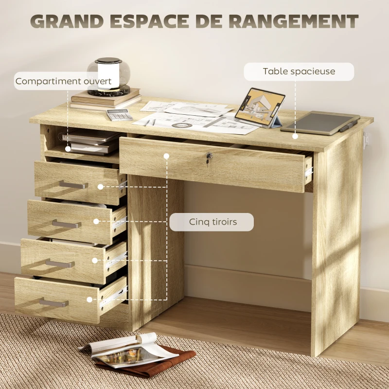 HOMCOM Bureau moderne avec 5 tiroirs, grand plateau, 1 compartiment ouvert, tiroir verrouillable, 110 x 50 x 76cm, chêne