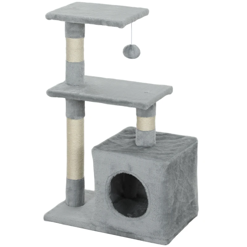 PawHut Tiragraffi per Gatti con Casetta, 2 Piattaforme e Pallina, in Legno, Sisal e Peluche, 50x30x81.5 cm, Grigio