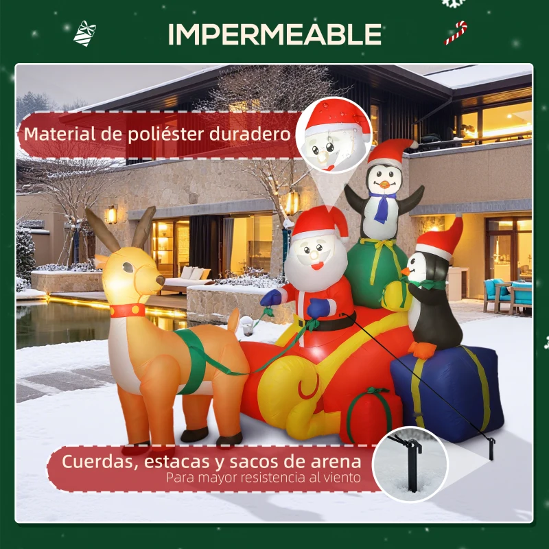 Outsunny Papá Noel Hinchable con Trineo Pingüinos y Renos Luces LED Decoración de Navidad para Exterior e Interior 180x120x155 cm