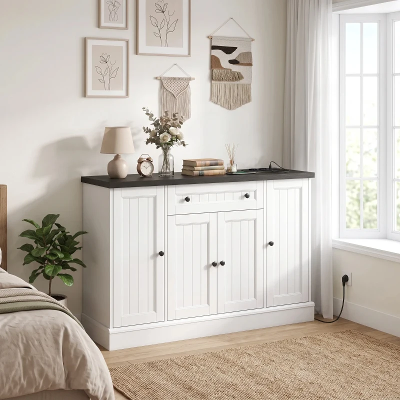HOMCOM Bufet pentru Living cu Stație de Încărcare, Mobilier de Depozitare cu 4 Uși, Sertar, Rafturi Reglabile, Alb și Negru