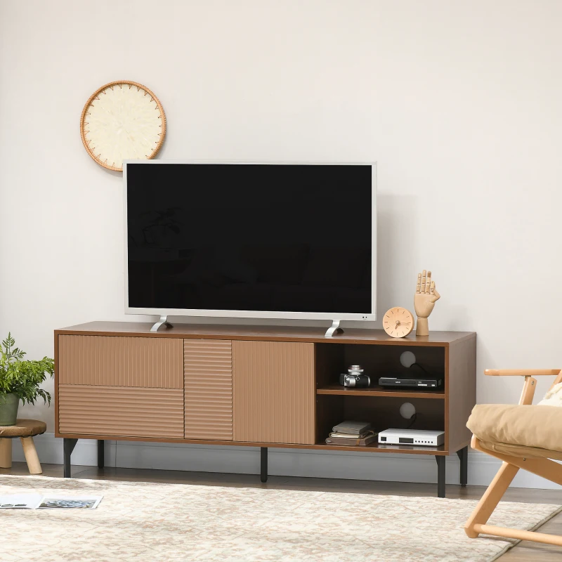 HOMCOM Suport Dulap TV pentru Televizoare de pana la 65”, Centru de Divertisment cu Rafturi Deschise, Dulapuri si Orificii pentru Cabluri pentru Camera de Zi, Maro