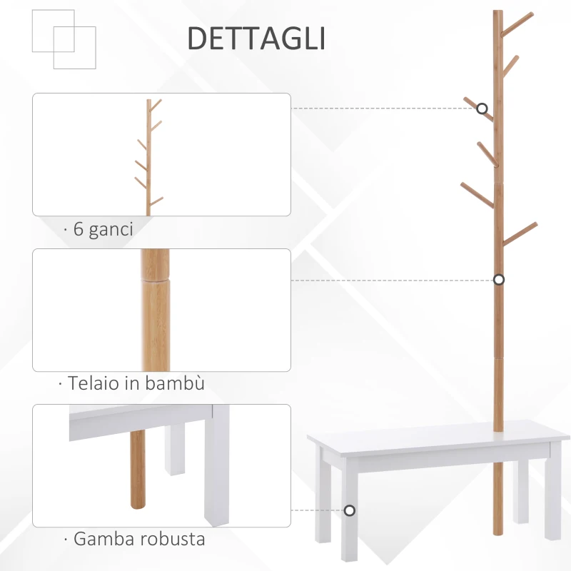 HOMCOM Panca con Appendiabiti da Ingresso, Attaccapanni da Terra in Bambù, Panca da Ingresso Bianca, Design, anche per Camera da Letto, 80x30x180cm, Bianco Legno