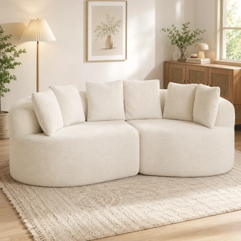 HOMCOM Canapea 3 locuri curbată din chenille 188 cm, canapea pentru living cu șezut adânc, 6 perne, umplutură groasă, crem