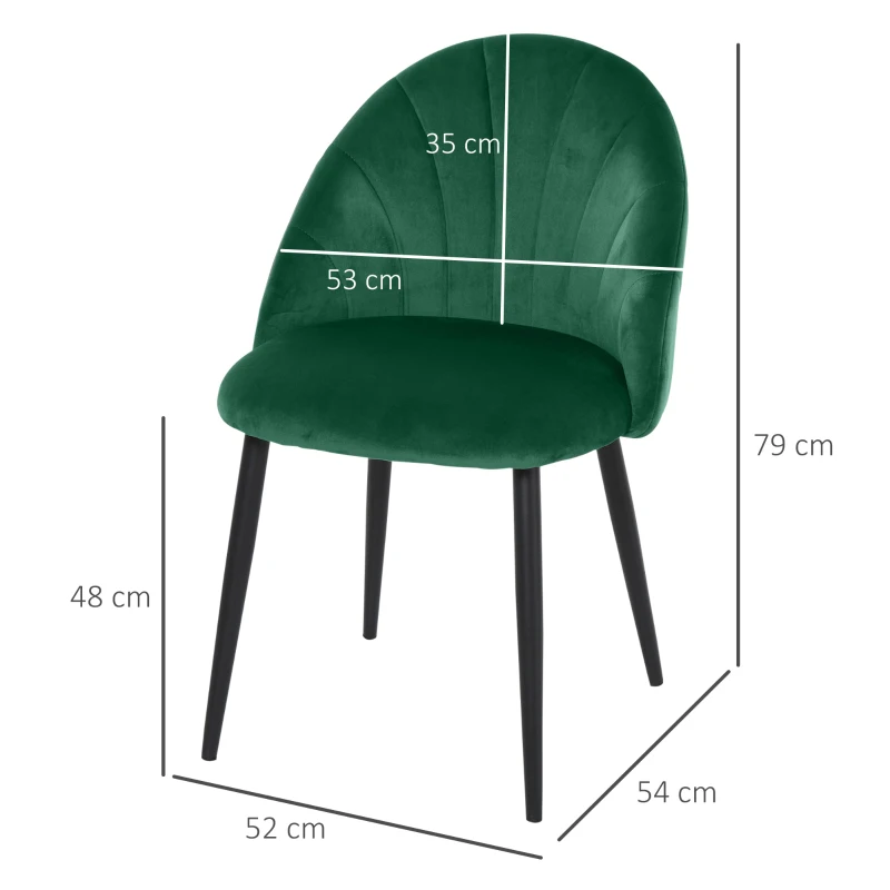 HOMCOM Set di 2 Sedie Sala da Pranzo, Sedie Cucina Moderne con Schienale a Conchiglia e Gambe in Metallo, Sedia in Velluto con Imbottita per Cucina, Camera da Letto, Ufficio e Soggiorno, Verde